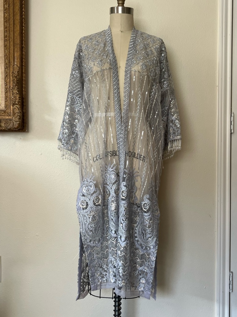 Silver Sheer Embroidered Kimono Coat with Beaded Fringe